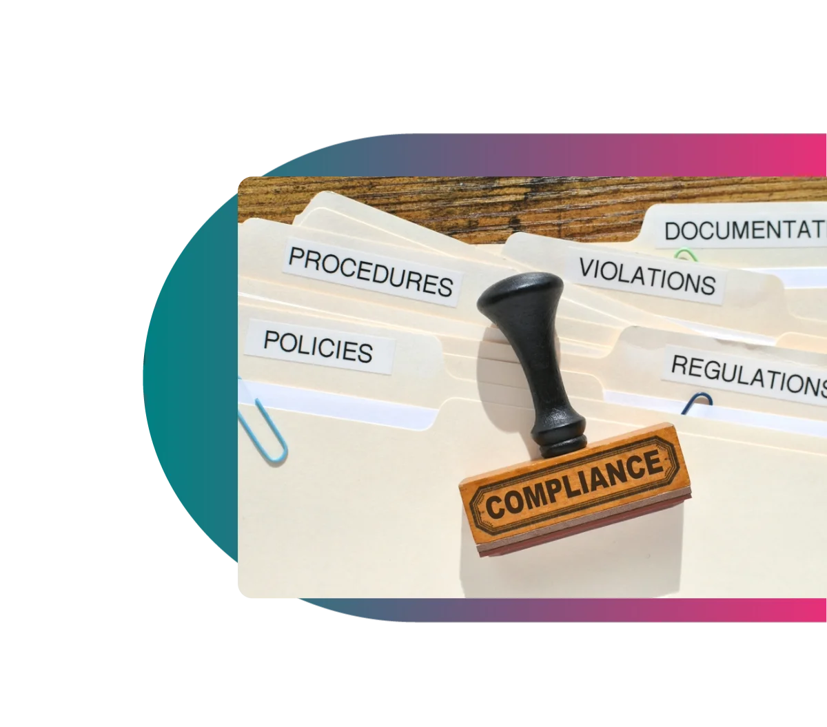 An image with folders and files with different titles such as policies, violations, compliance etc.